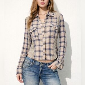 BKE Women Plaid Button Front Shirt Size Medium Lace Back Panels Western Boho Y2K